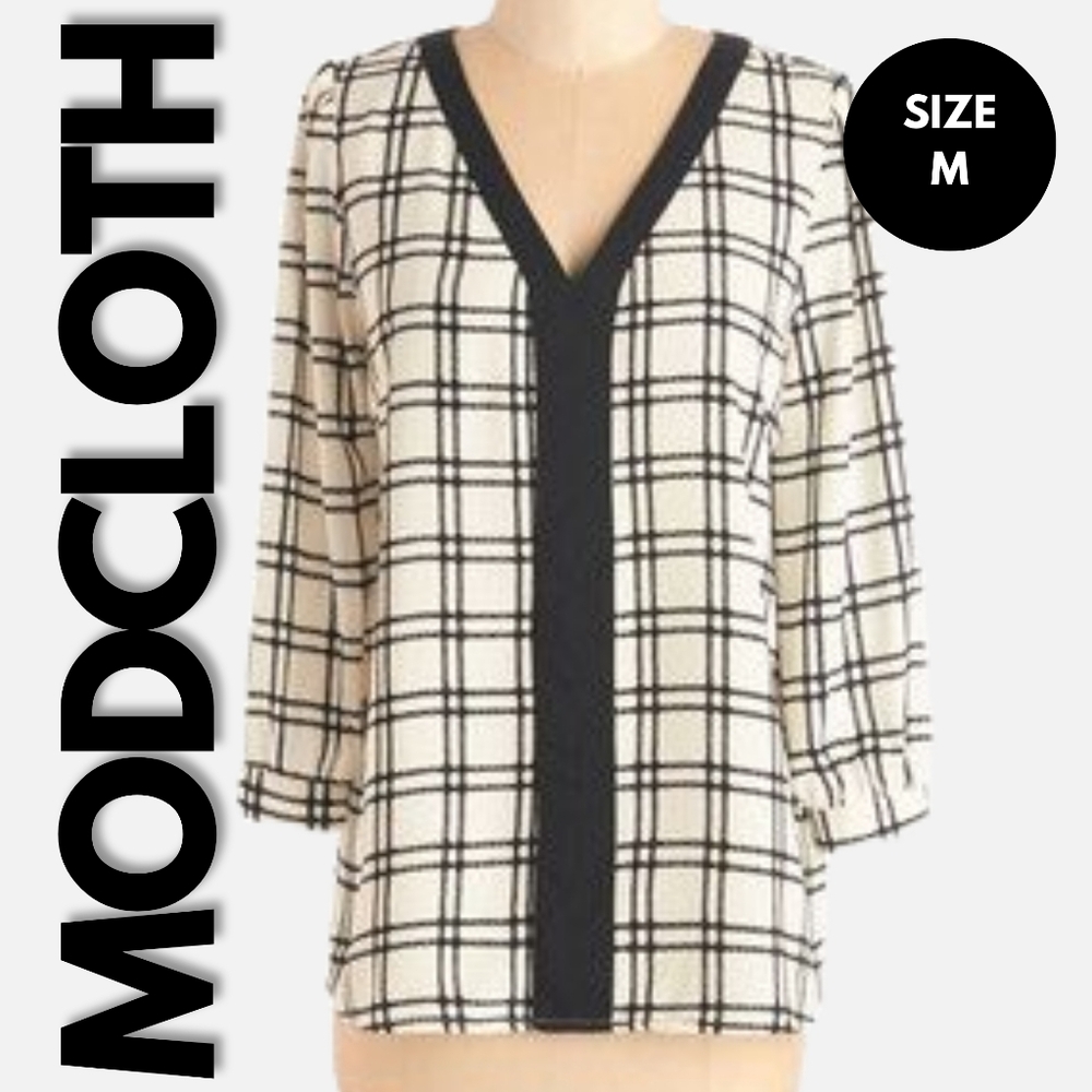 BOGO NWOT ModCloth/Pink Owl Windowpane Black & White Blouse Size M